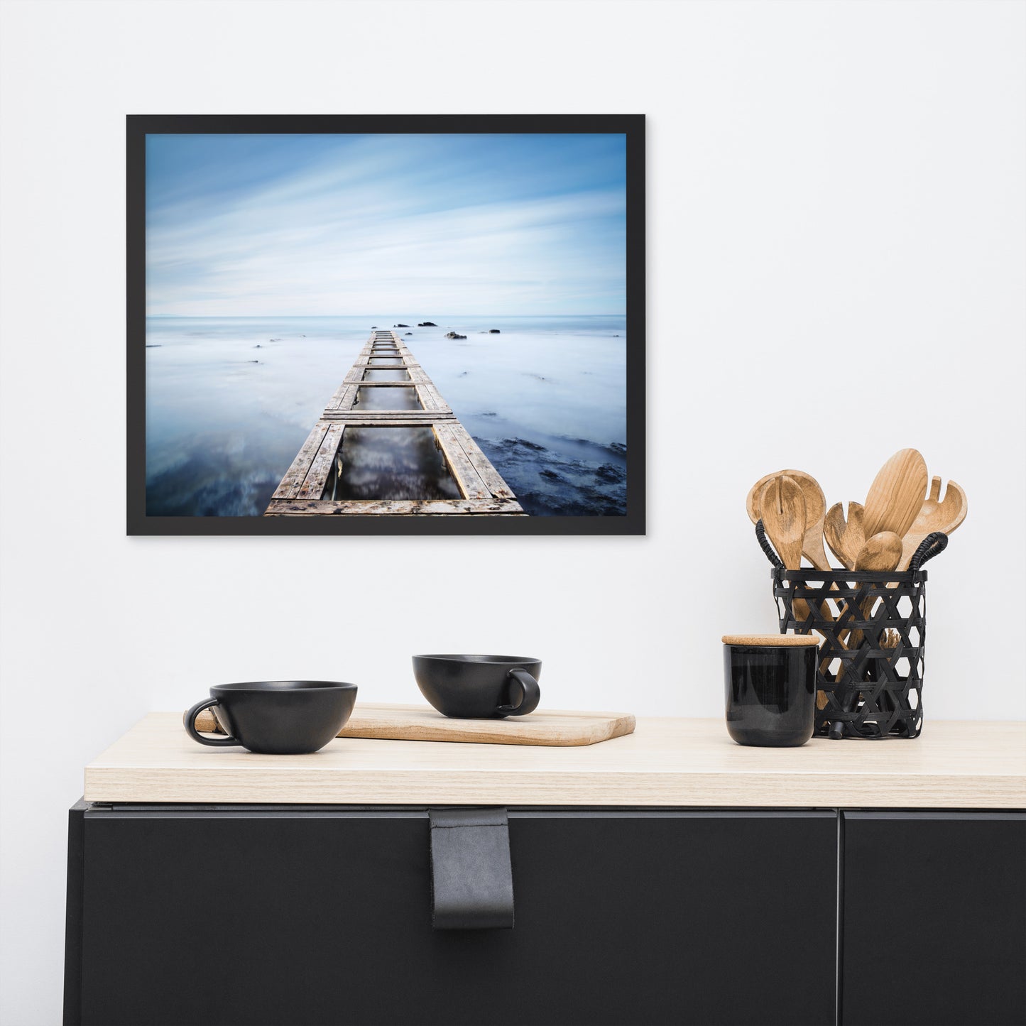 Moody Ocean and Sky Wooden Pier Framed Wall Art Prints