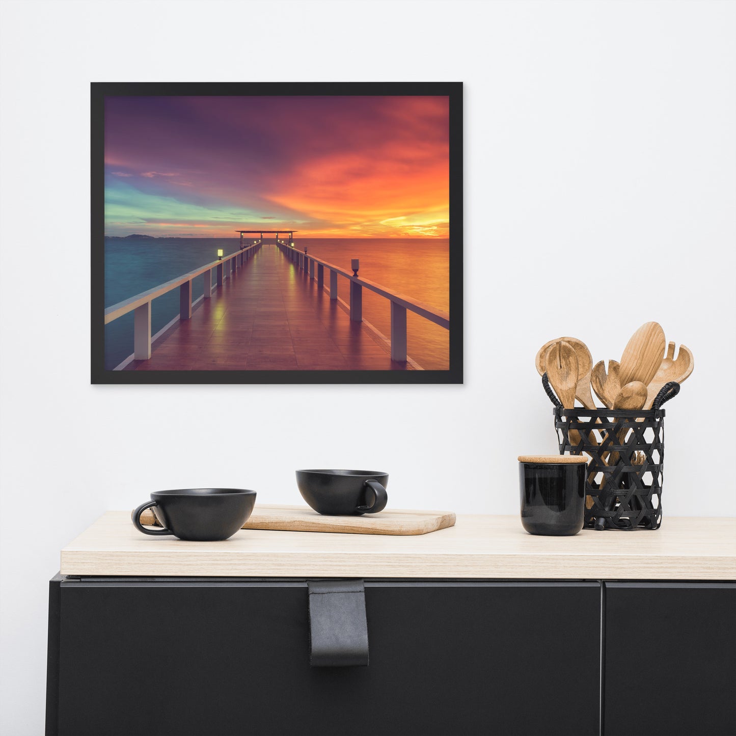 Beach Themed Framed Pictures: Surreal Wooden Pier At Sunset with Intrigued Effect - Coastal / Seascape / Nature / Landscape Photo Framed Artwork - Wall Decor
