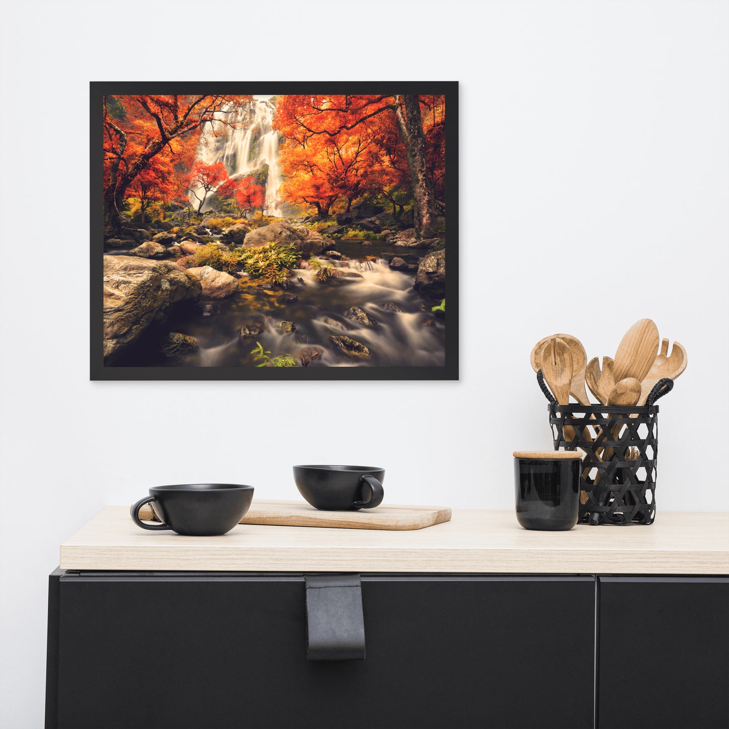 Waterfall in the Autumn with Golden Shadow Effect Framed Wall Art Prints