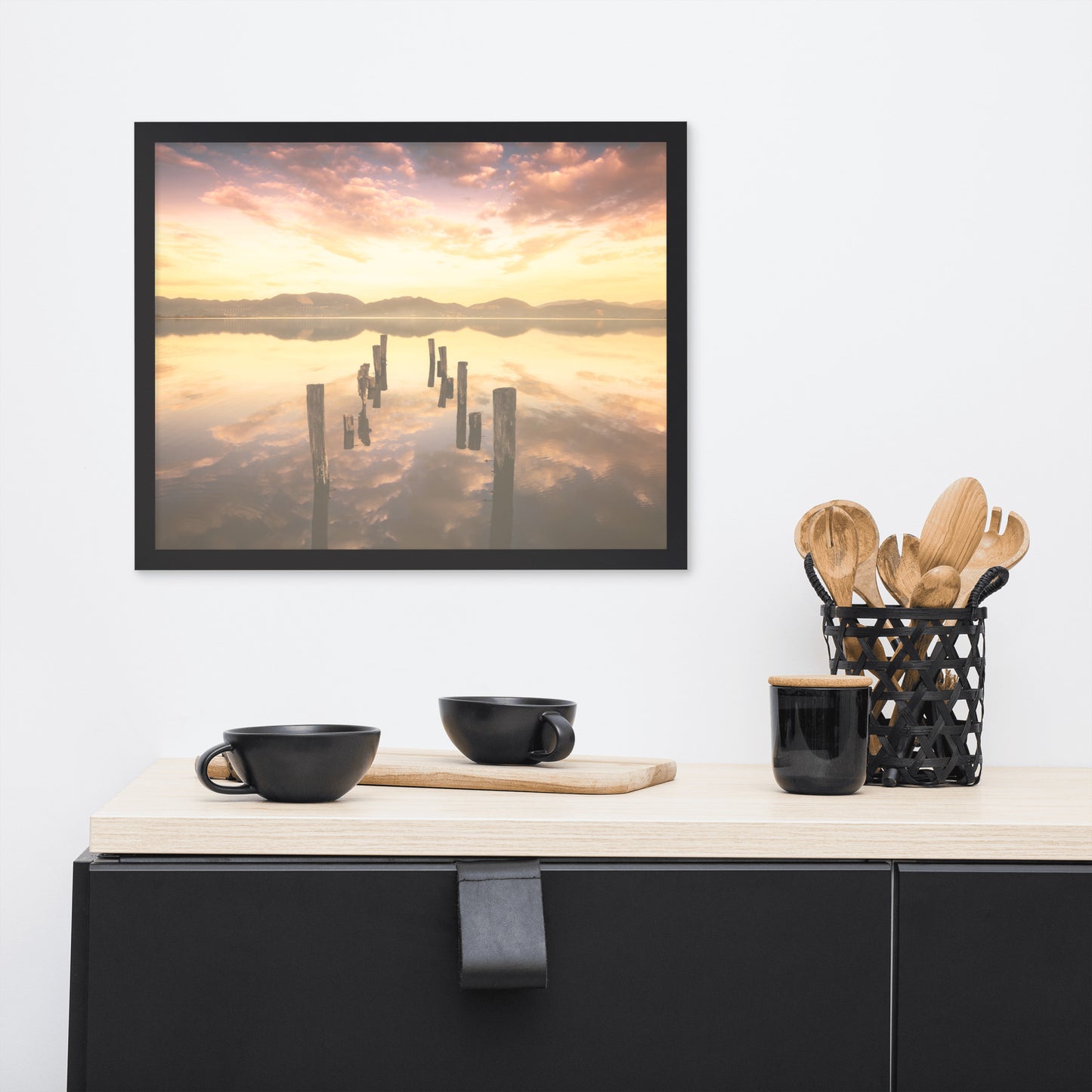 Sunset Pillars and Reflections on Lake Framed Wall Art Print