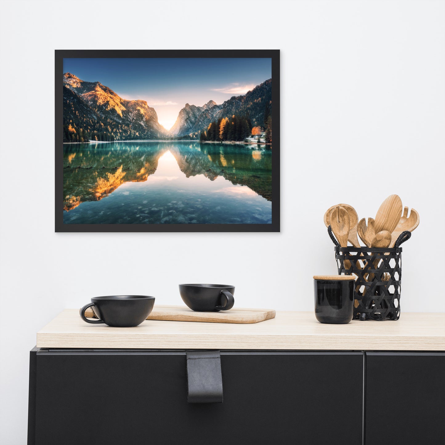 Sunrise Misty Mountain Lake Lively Color Effect Framed Wall Art Print
