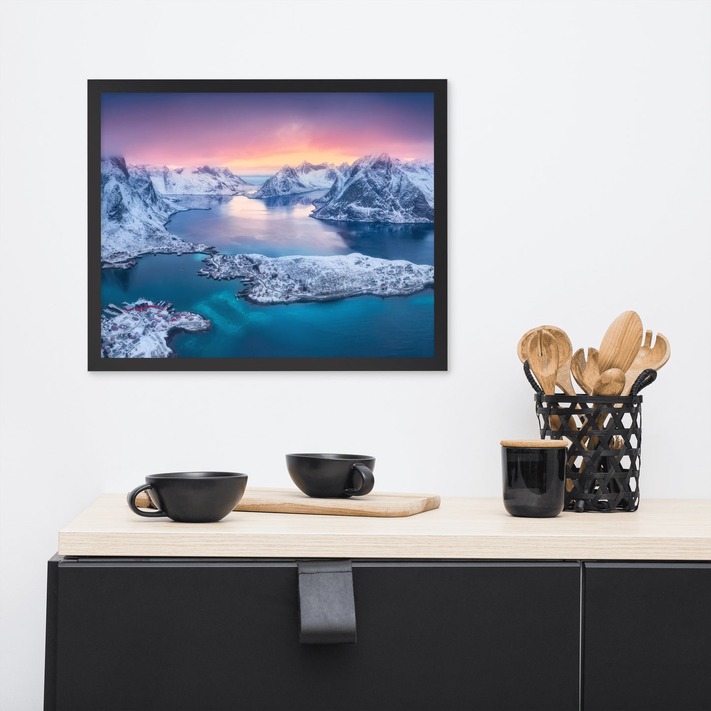 Reine at Winter Sunset Icy Mountain Framed Wall Art Print