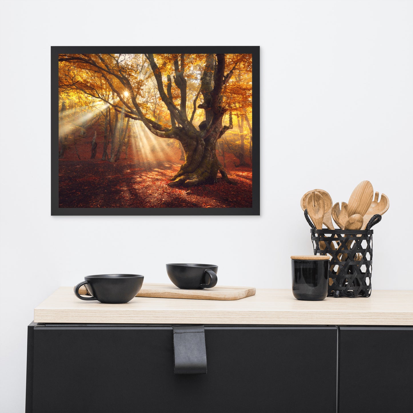 Old Magical Tree in Forest with Glory Rays Framed Wall Art Print