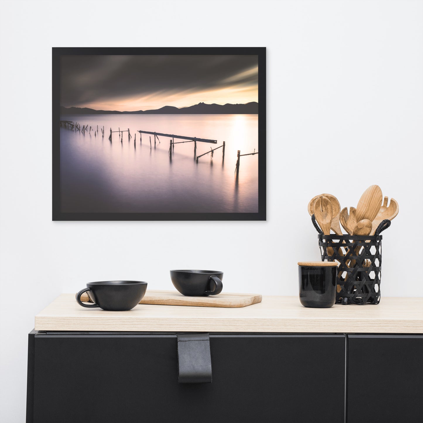 Moody Ruined Pier and Mountain Range Framed Wall Art Prints