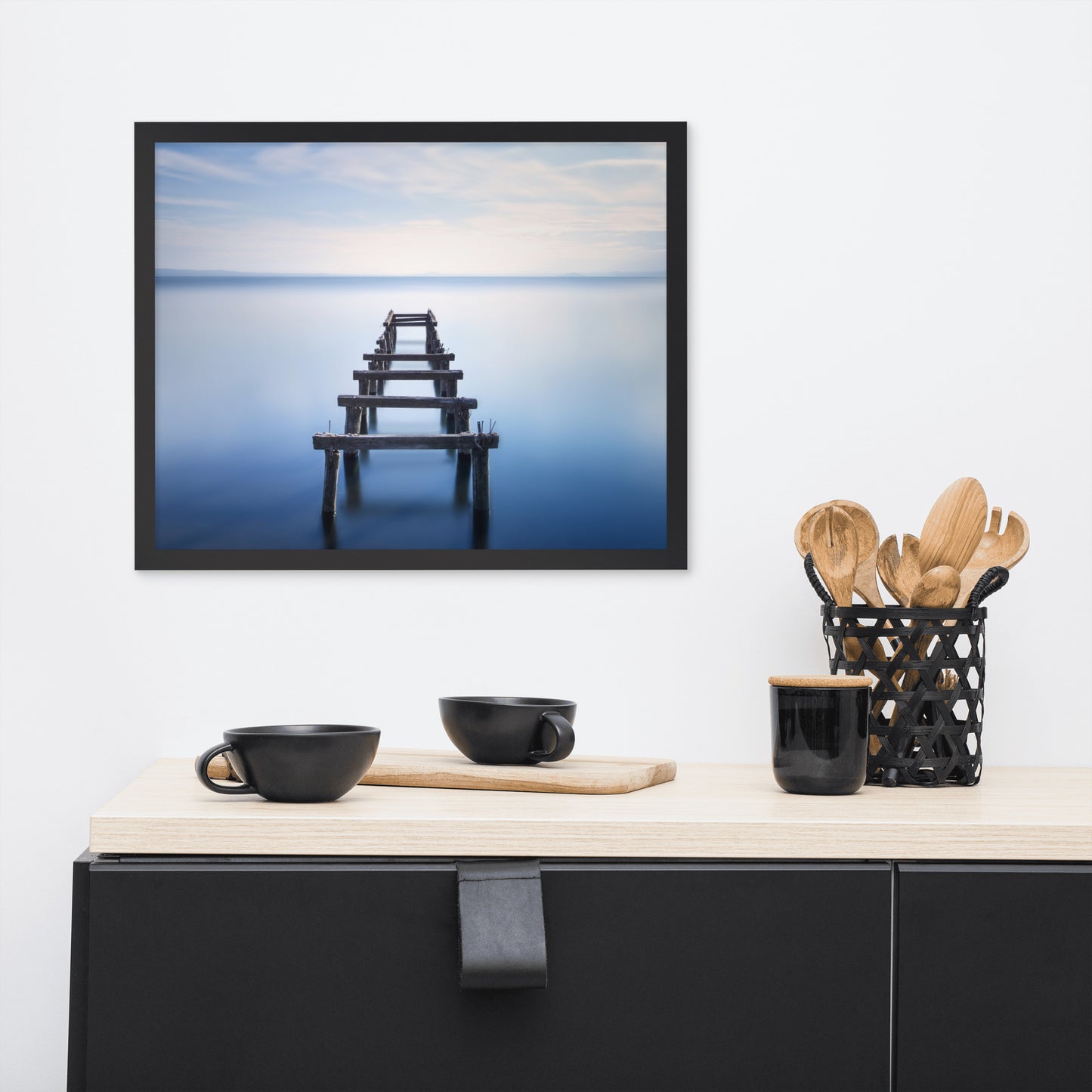 Soft Blue Lake and Abandoned Pier Landscape Photo Framed Wall Art Prints