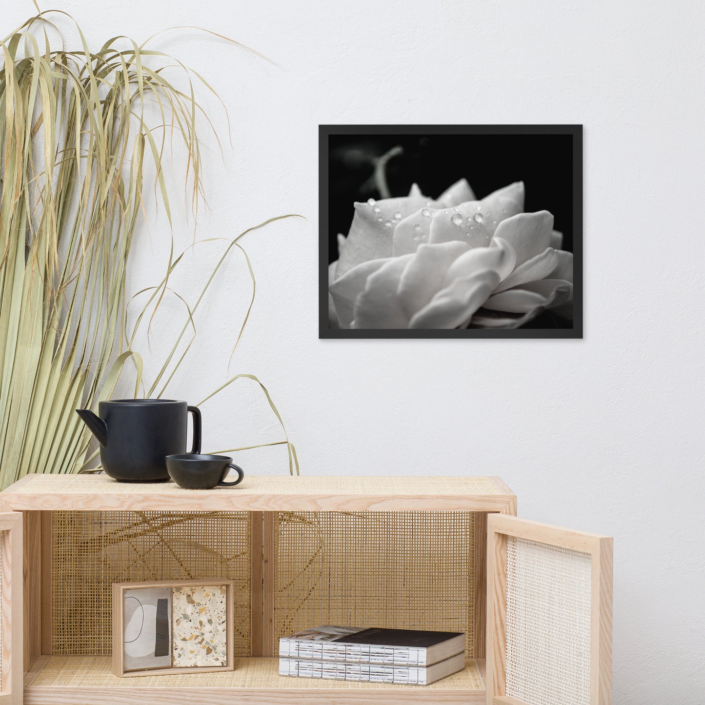 Delicate Rose Black and White Floral Nature Photo Framed Wall Art Print