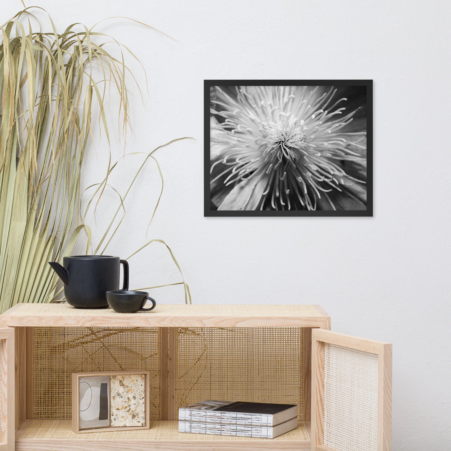 Center of Clematis Black and White Floral Nature Photo Framed Wall Art Print