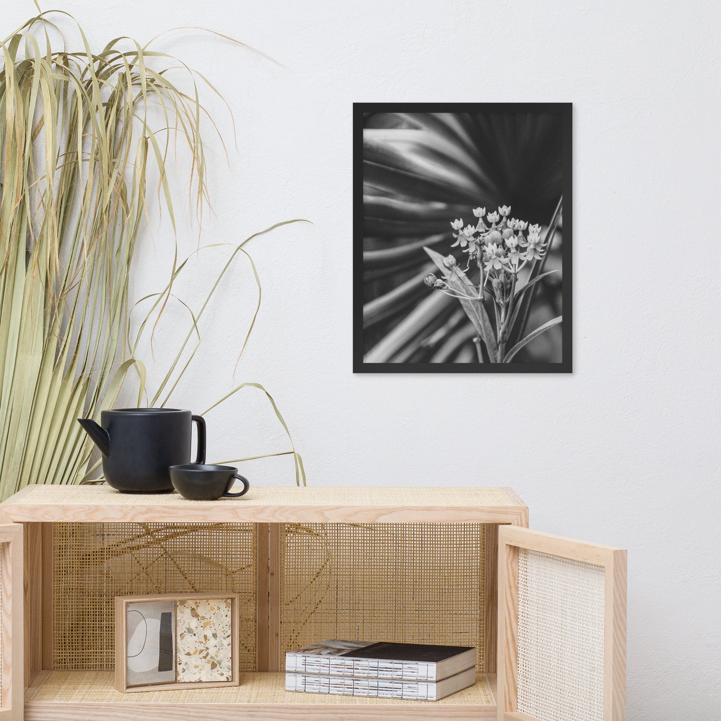 Bloodflowers and Palm Black and White Framed Wall Art Print