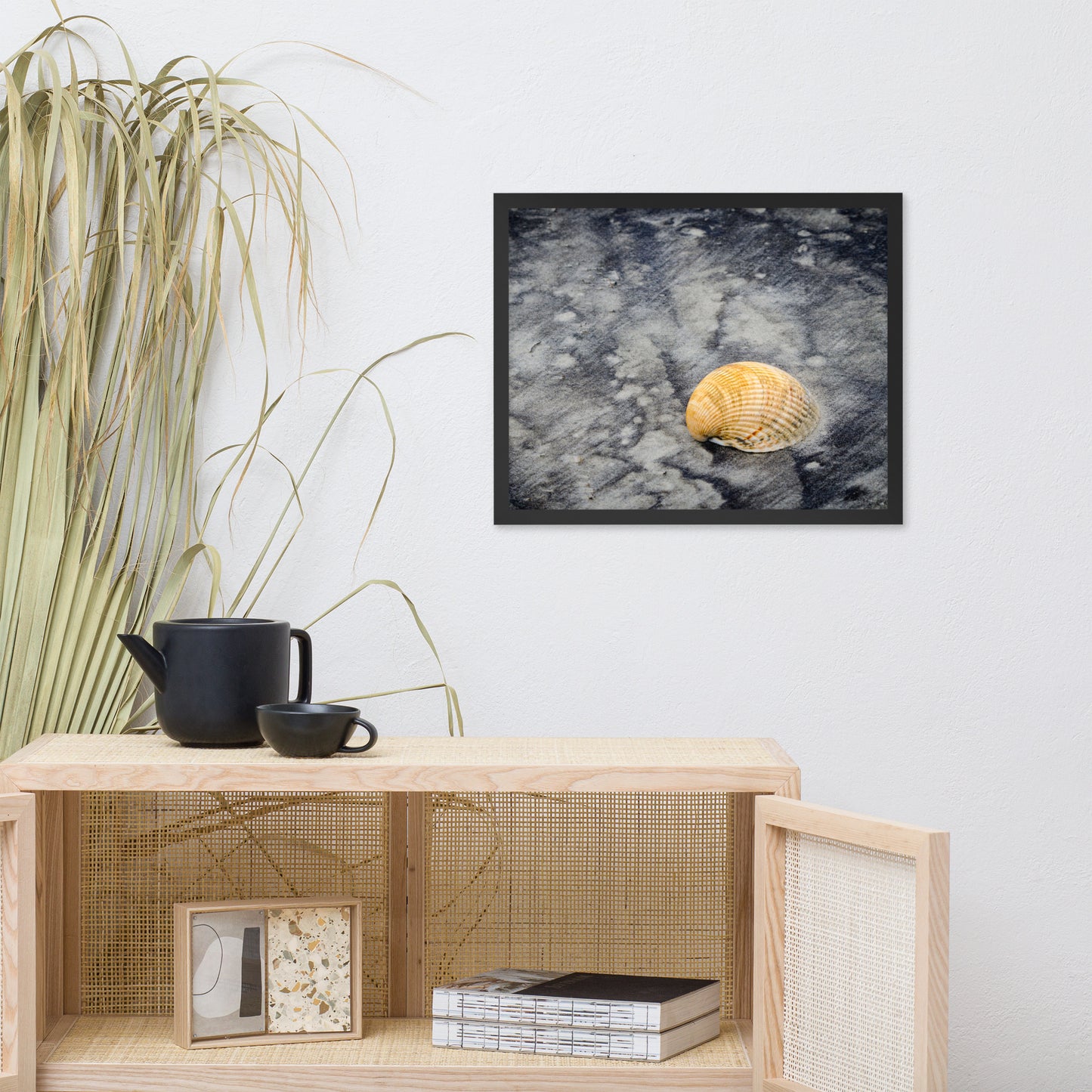 Black Sands and Seashell on the Shore Coastal Nature Photo Framed Wall Art Print