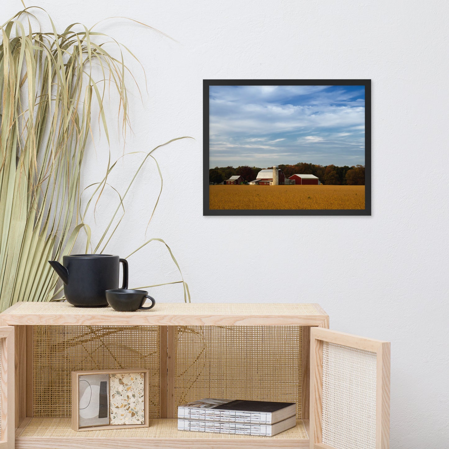 Red Barn in Golden Field Rural Landscape Framed Photo Paper Wall Art Prints