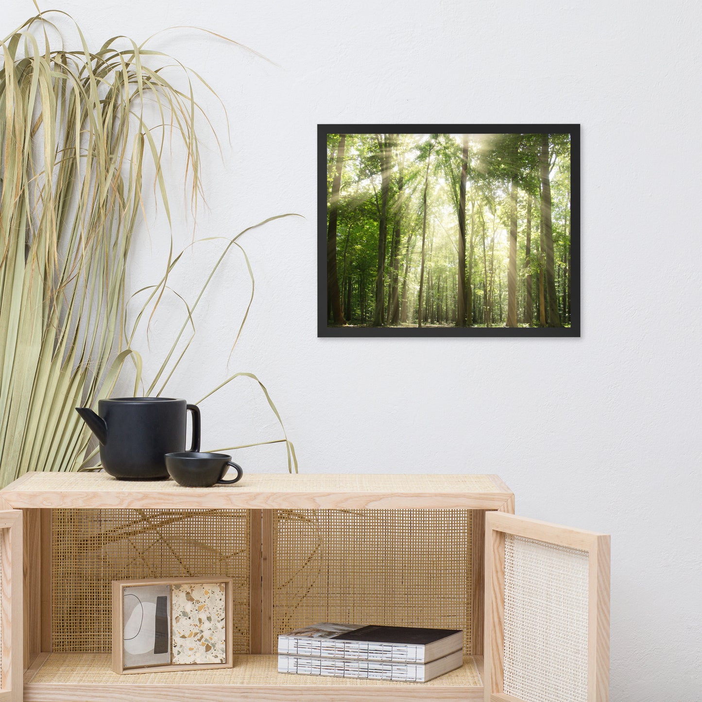 Sun Rays Through Treetops in the Forest Framed Photo Paper Wall Art Prints