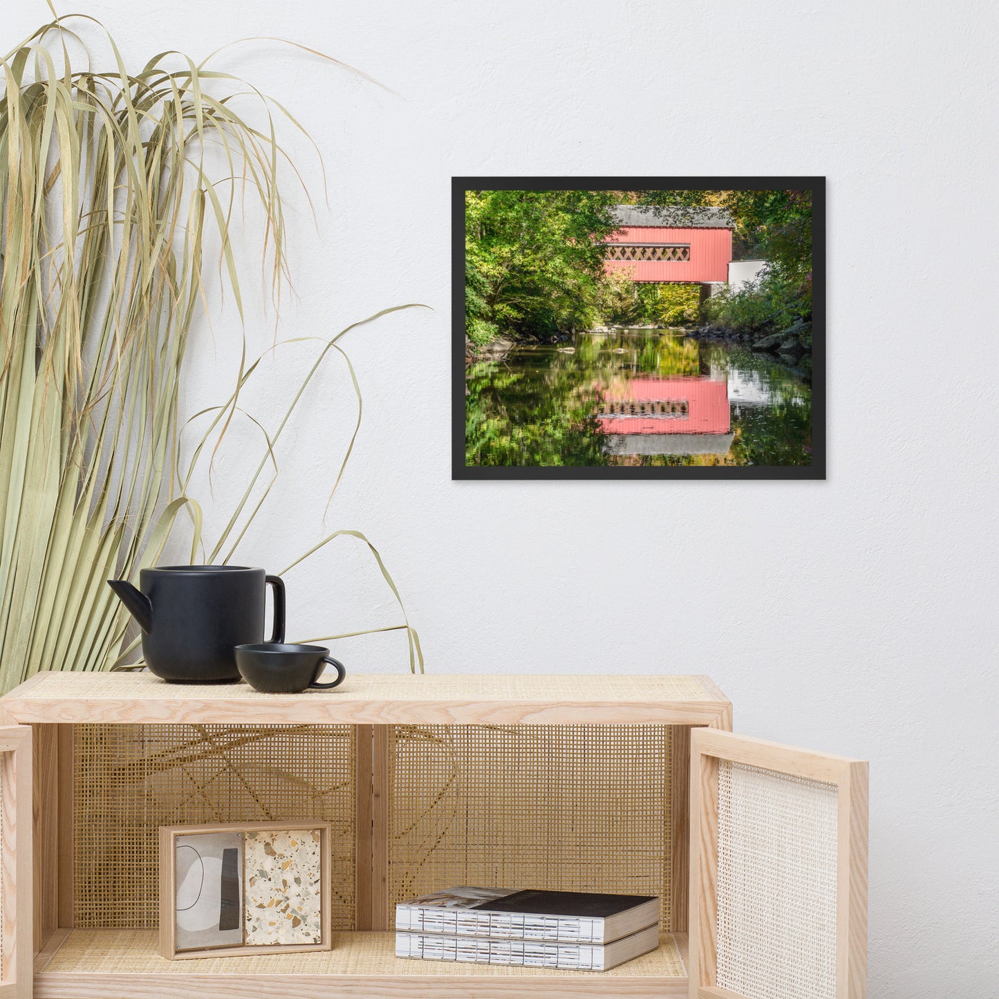 The Reflections of Wooddale Covered Bridge Framed Photo Paper Wall Art Prints