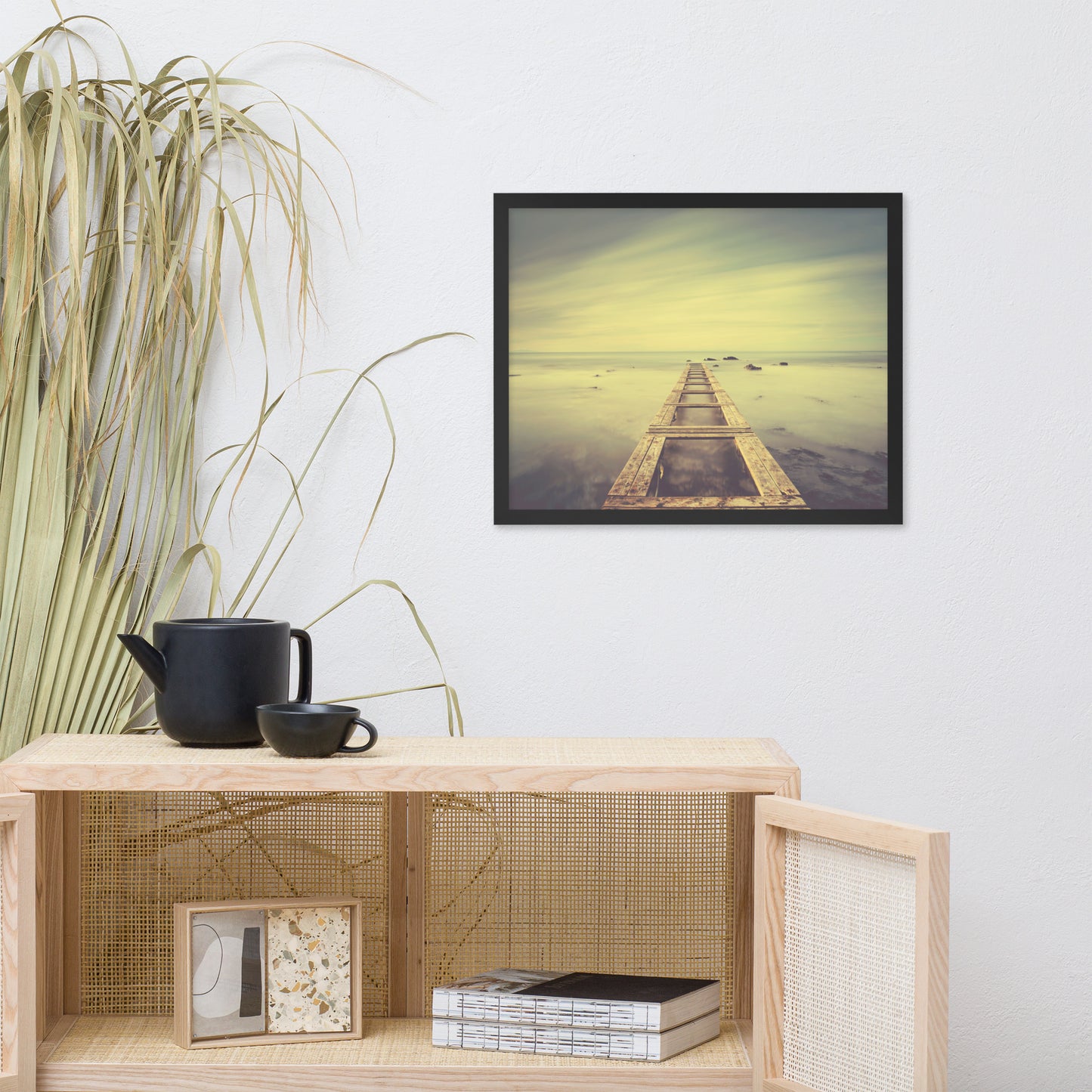 Moody Ocean and Sky Wooden Pier With Intrigued Trance Effects Framed Wall Art Prints