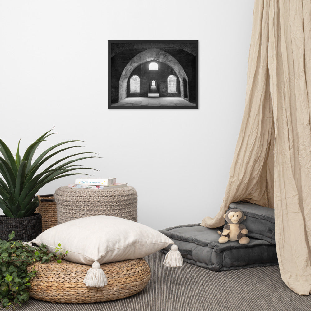 Industrial Farmhouse Art: Fort Clinch Bunker Room Black and White 2 Architecture Photo Framed Wall Art Print