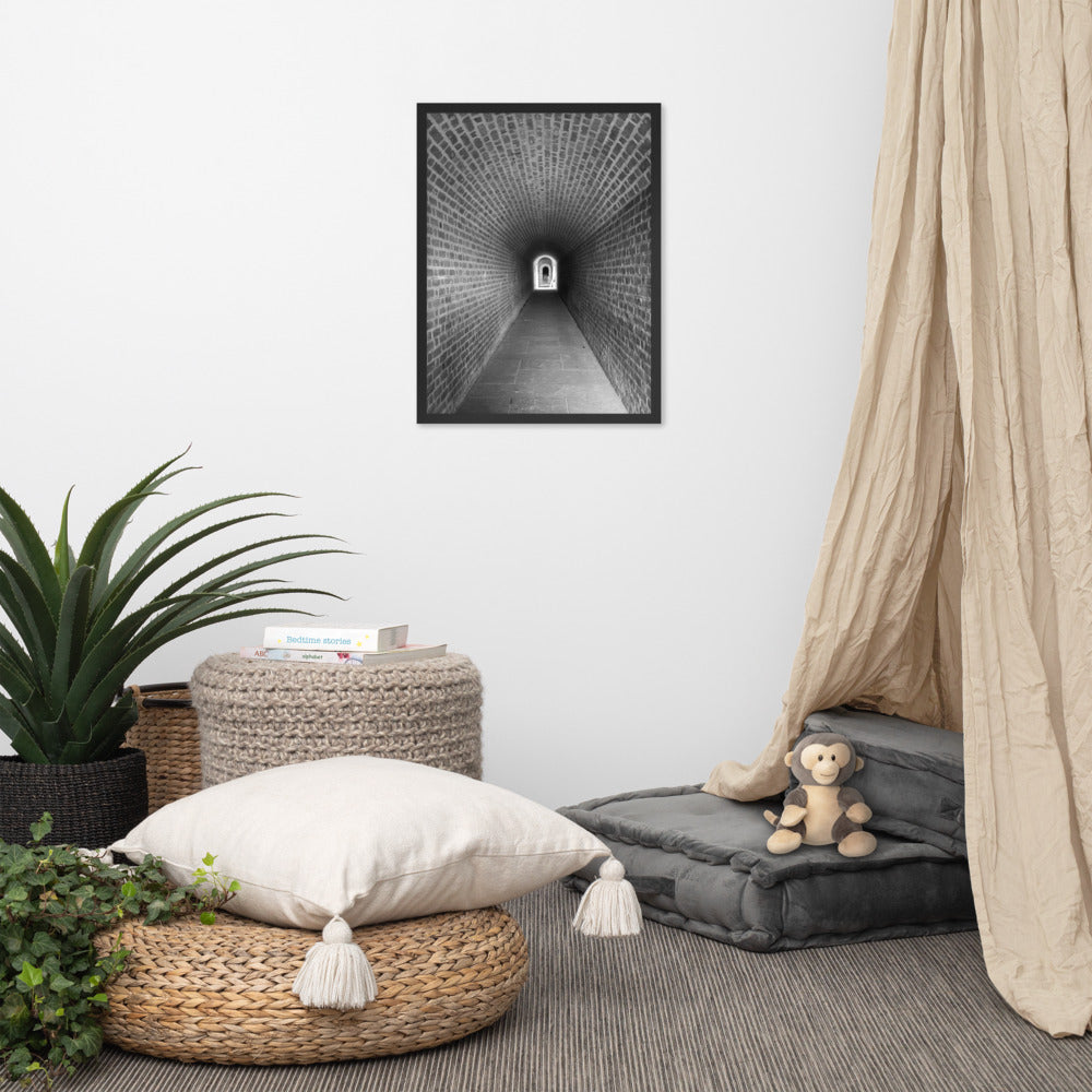 Industrial Large Wall Art: Fort Clinch Tunnel Black and White Photo Framed Wall Art Print