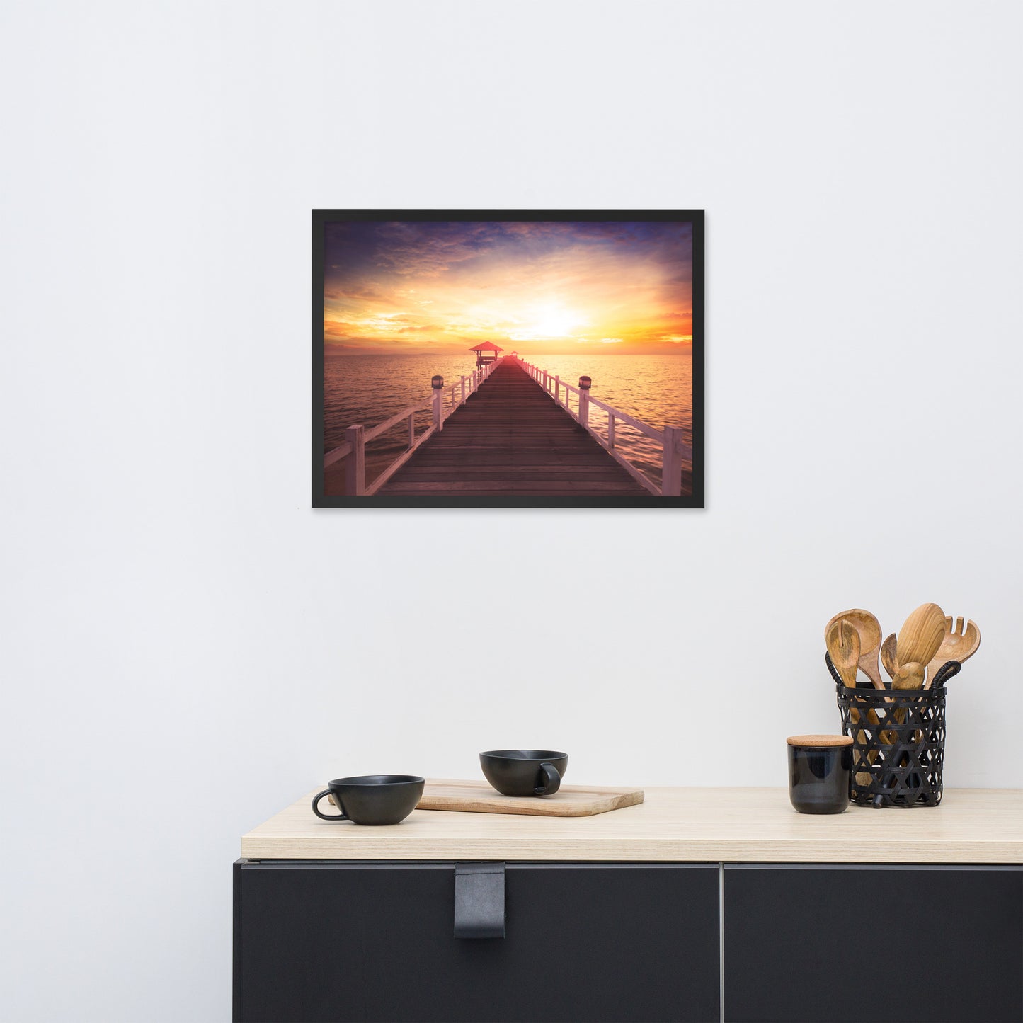 Surreal Wooden Pier at Sunset Framed Wall Art Print