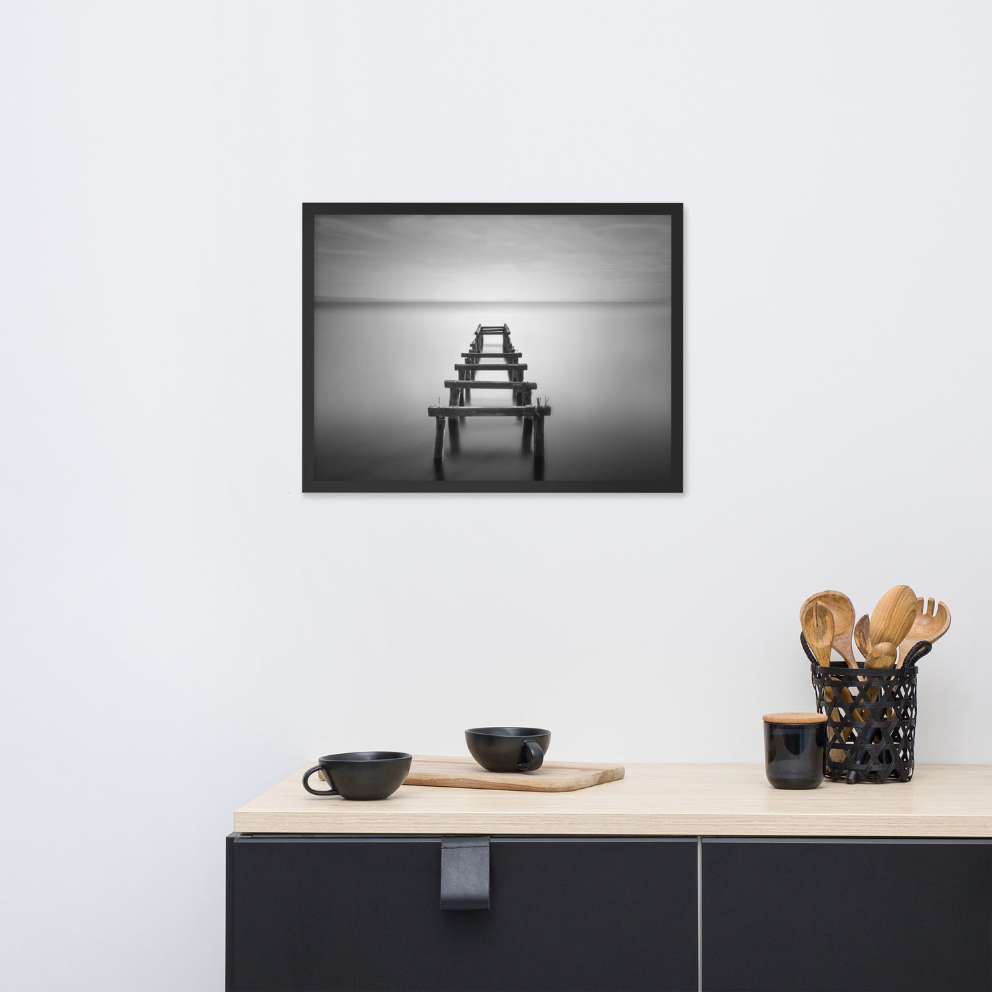 Soft Lake and Abandoned Pier Black and White Framed Wall Art Prints