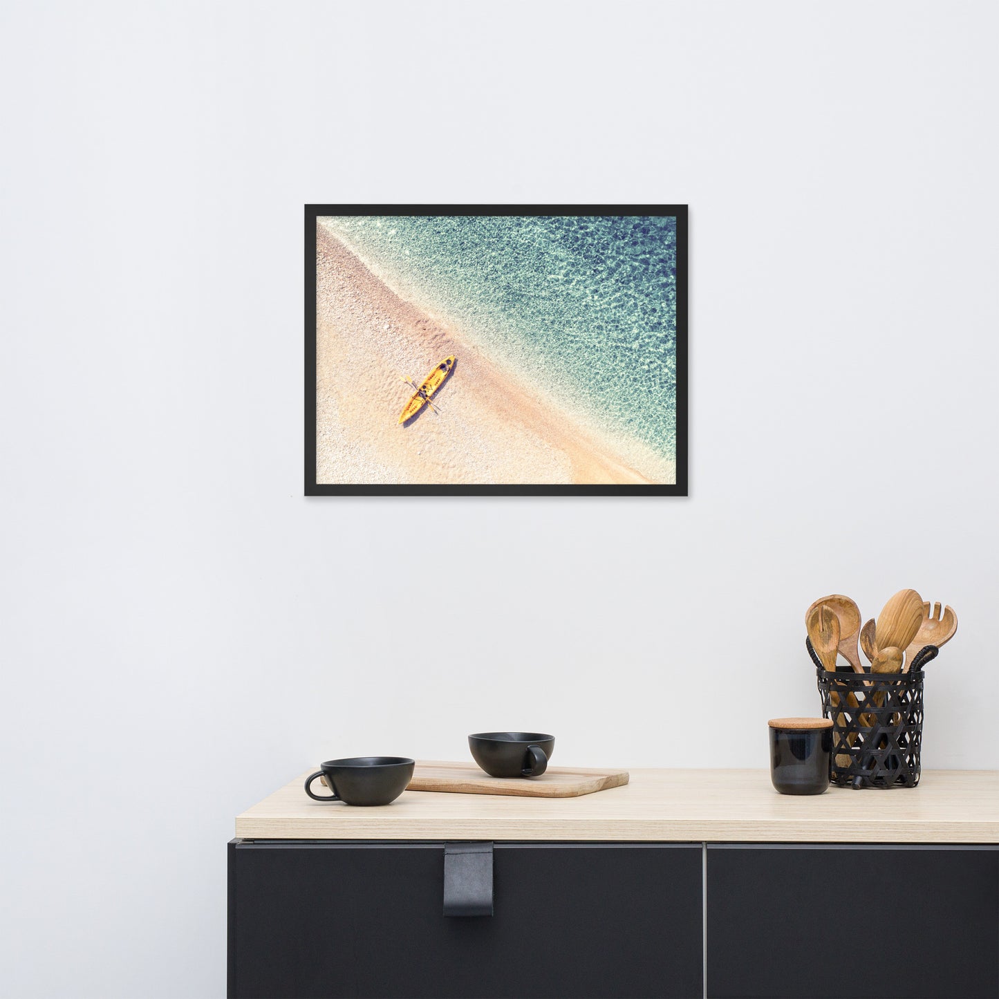 Yellow Canoe and Blue Sea by with Soft Violet Effect Framed Wall Art Prints