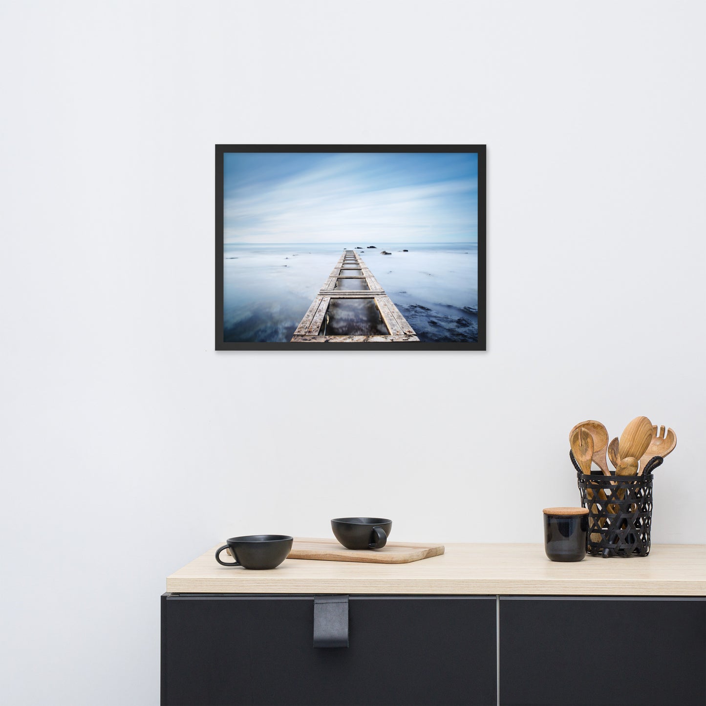 Moody Ocean and Sky Wooden Pier Framed Wall Art Prints