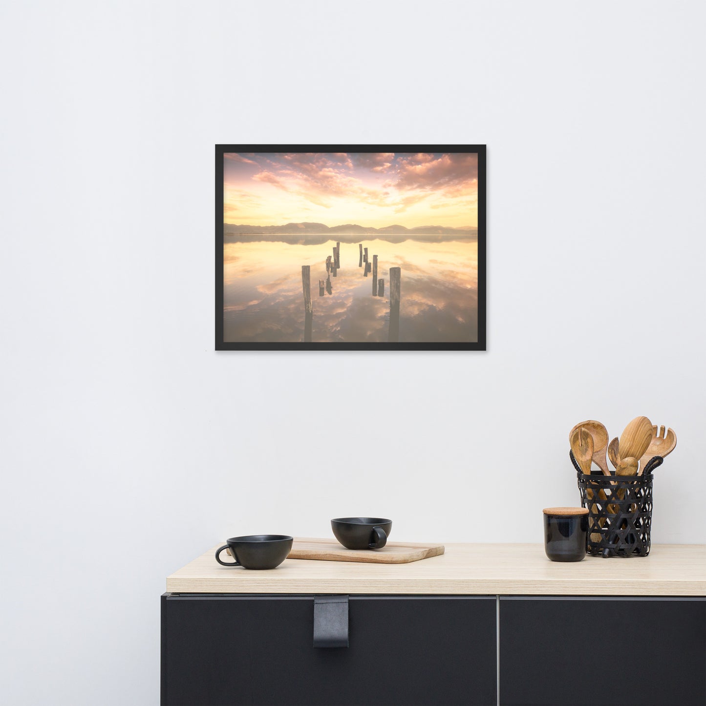 Sunset Pillars and Reflections on Lake Framed Wall Art Print