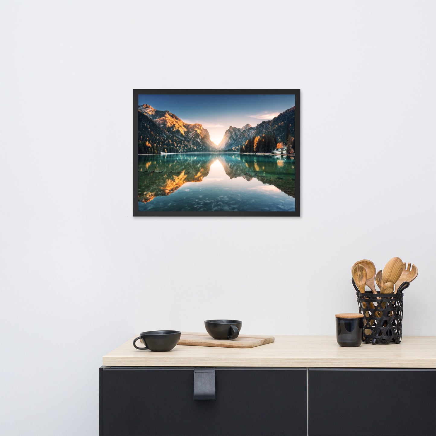 Sunrise Misty Mountain Lake Lively Color Effect Framed Wall Art Print