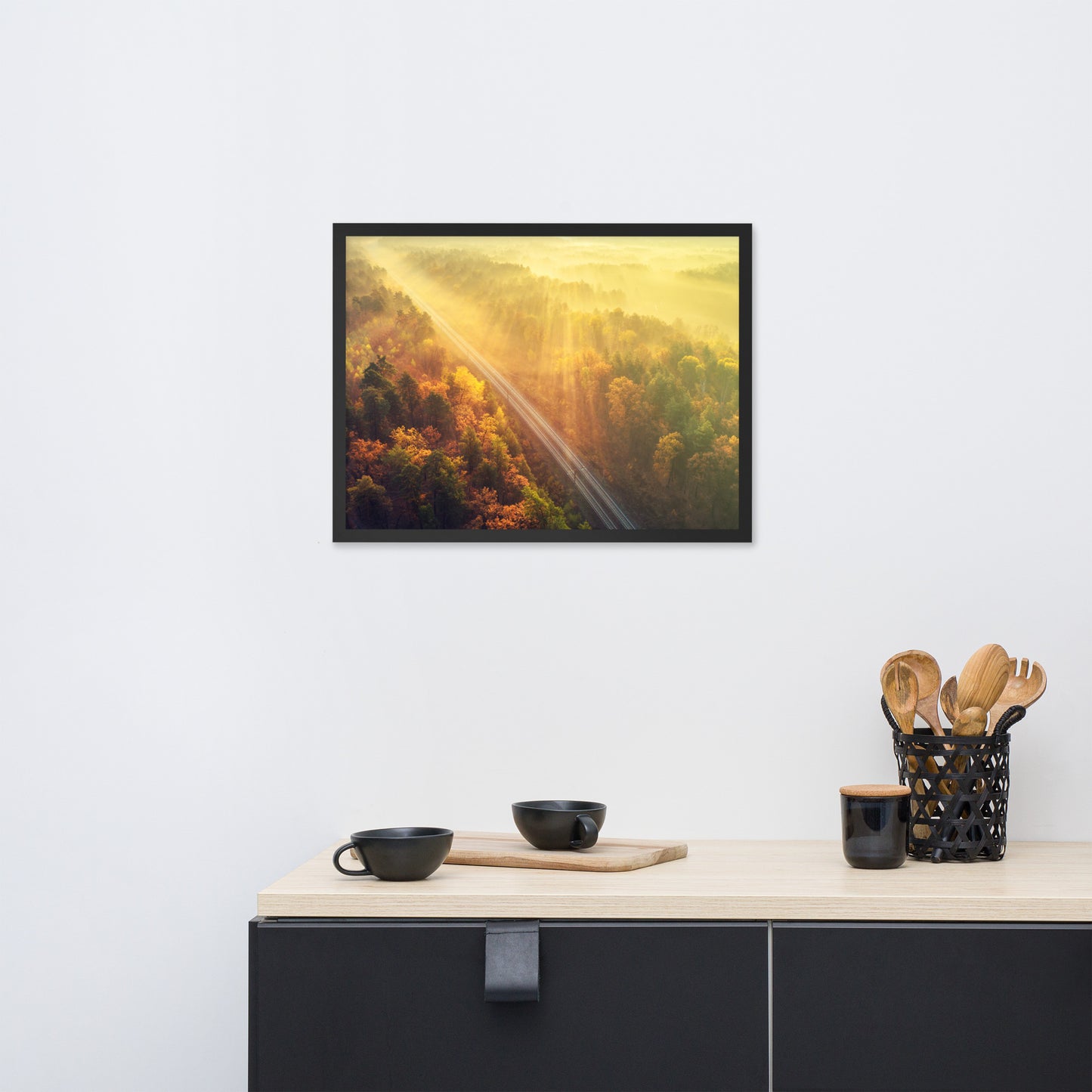 Sunrise Railroad Though Misty Forest With Golden Haze Effect Framed Wall Art Print