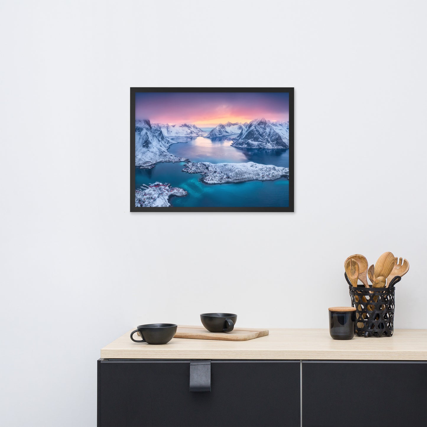 Reine at Winter Sunset Icy Mountain Framed Wall Art Print