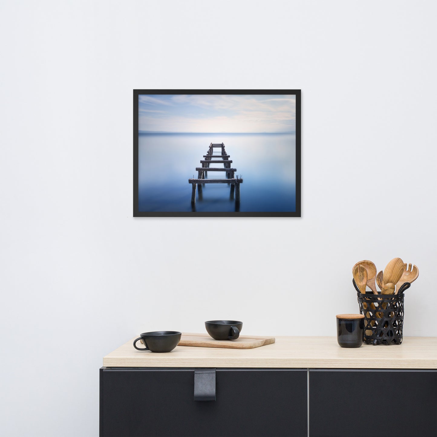 Soft Blue Lake and Abandoned Pier Landscape Photo Framed Wall Art Prints