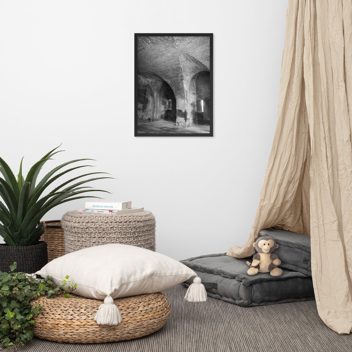 Fort Clinch Bunker Room Black and White Architecture Photograph Framed Wall Art Print