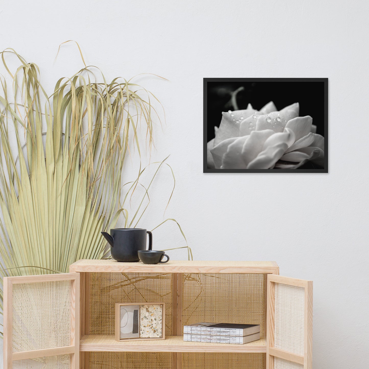 Delicate Rose Black and White Floral Nature Photo Framed Wall Art Print