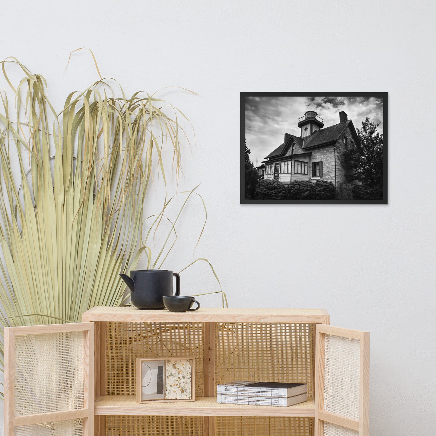 Cedar Point Lighthouse in Black and White Framed Photo Paper Wall Art Prints