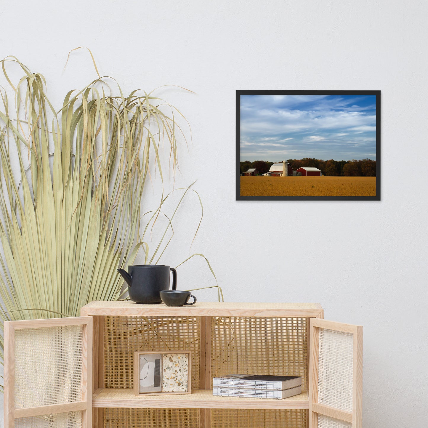 Red Barn in Golden Field Rural Landscape Framed Photo Paper Wall Art Prints