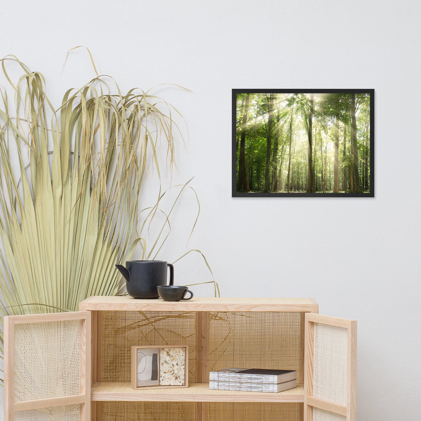 Sun Rays Through Treetops in the Forest Framed Photo Paper Wall Art Prints