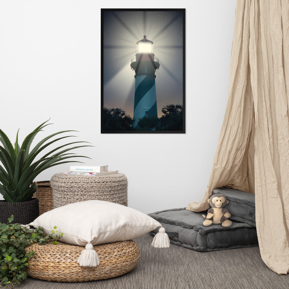 Beach Large Wall Art: St. Augustine Lighthouse Night Light Photo Framed Wall Art Print