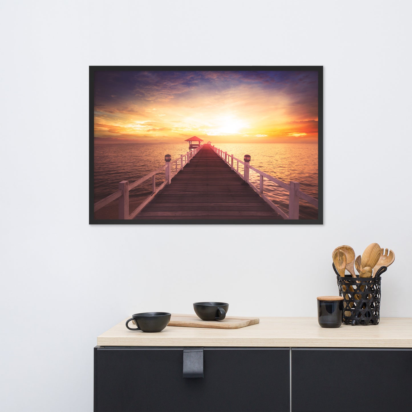 Surreal Wooden Pier at Sunset Framed Wall Art Print