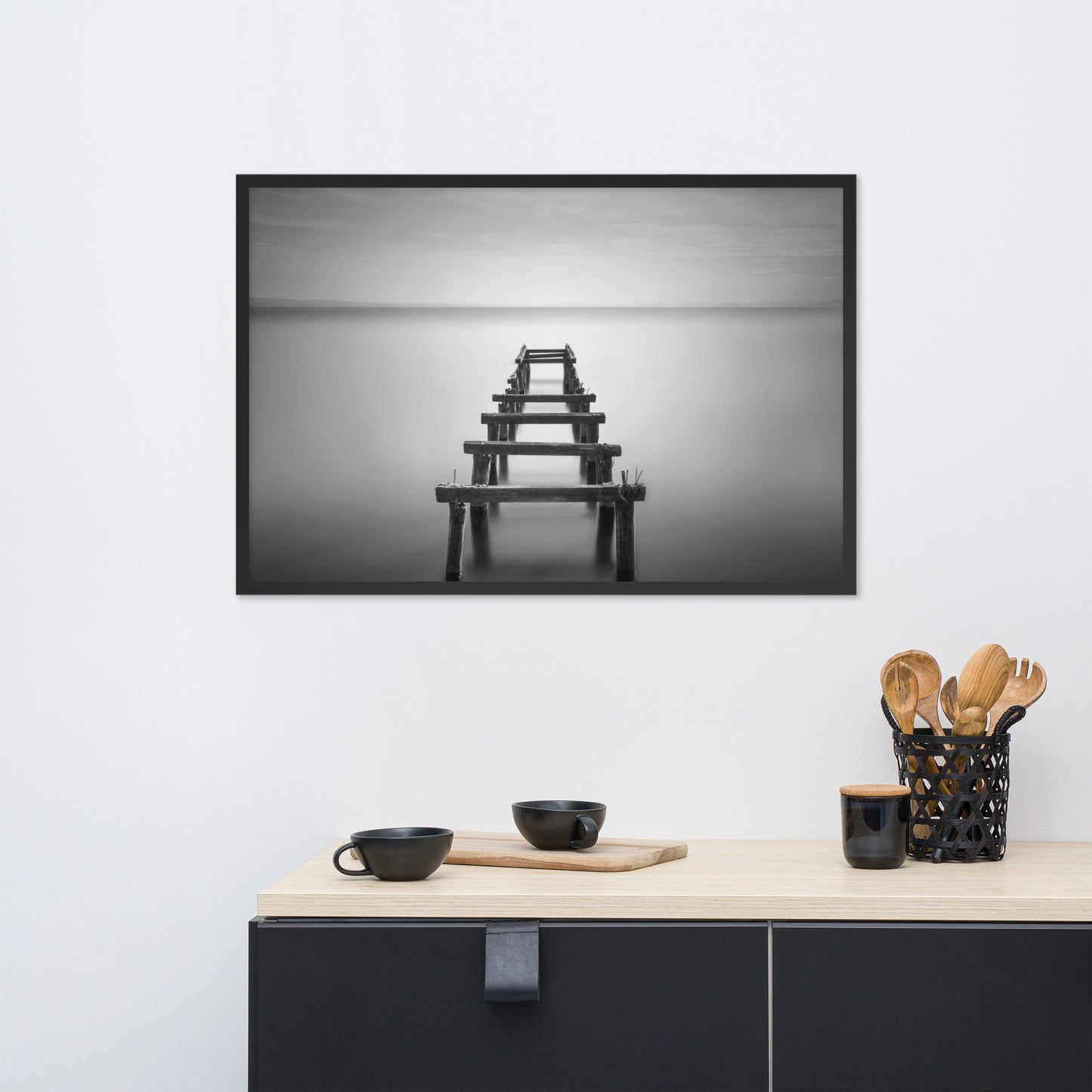 Soft Lake and Abandoned Pier Black and White Framed Wall Art Prints