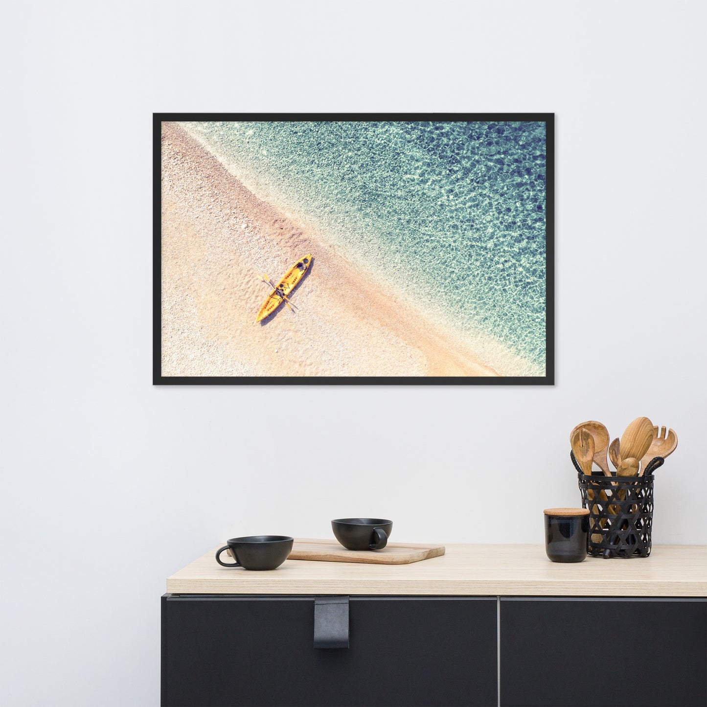 Yellow Canoe and Blue Sea by with Soft Violet Effect Framed Wall Art Prints