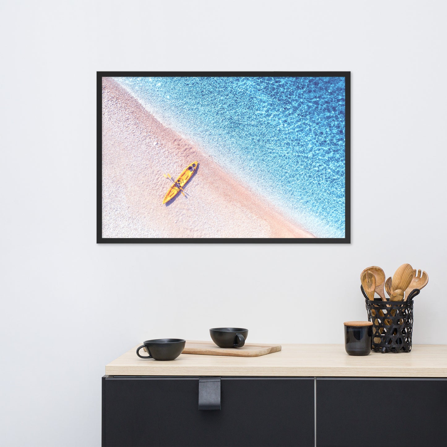 Yellow Canoe and Blue Sea with Violet Glow Effect Framed Wall Art Prints