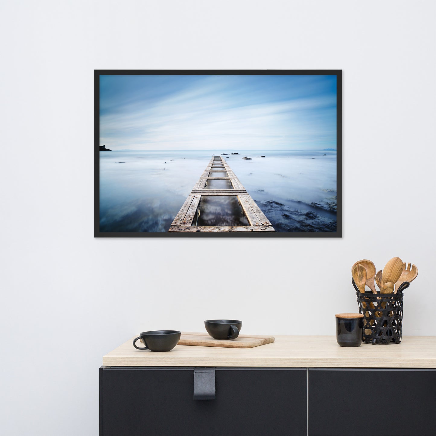 Moody Ocean and Sky Wooden Pier Framed Wall Art Prints