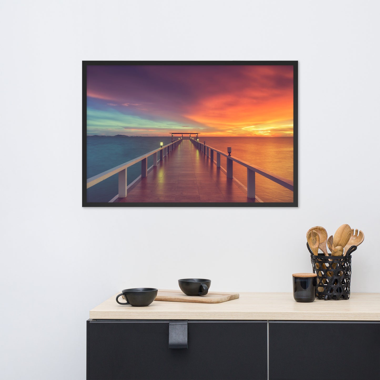 Beach Artwork Framed: Surreal Wooden Pier At Sunset with Intrigued Effect - Coastal / Seascape / Nature / Landscape Photo Framed Artwork - Wall Decor