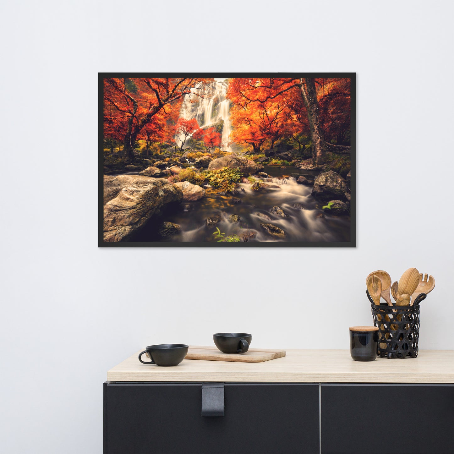 Waterfall in the Autumn with Golden Shadow Effect Framed Wall Art Prints