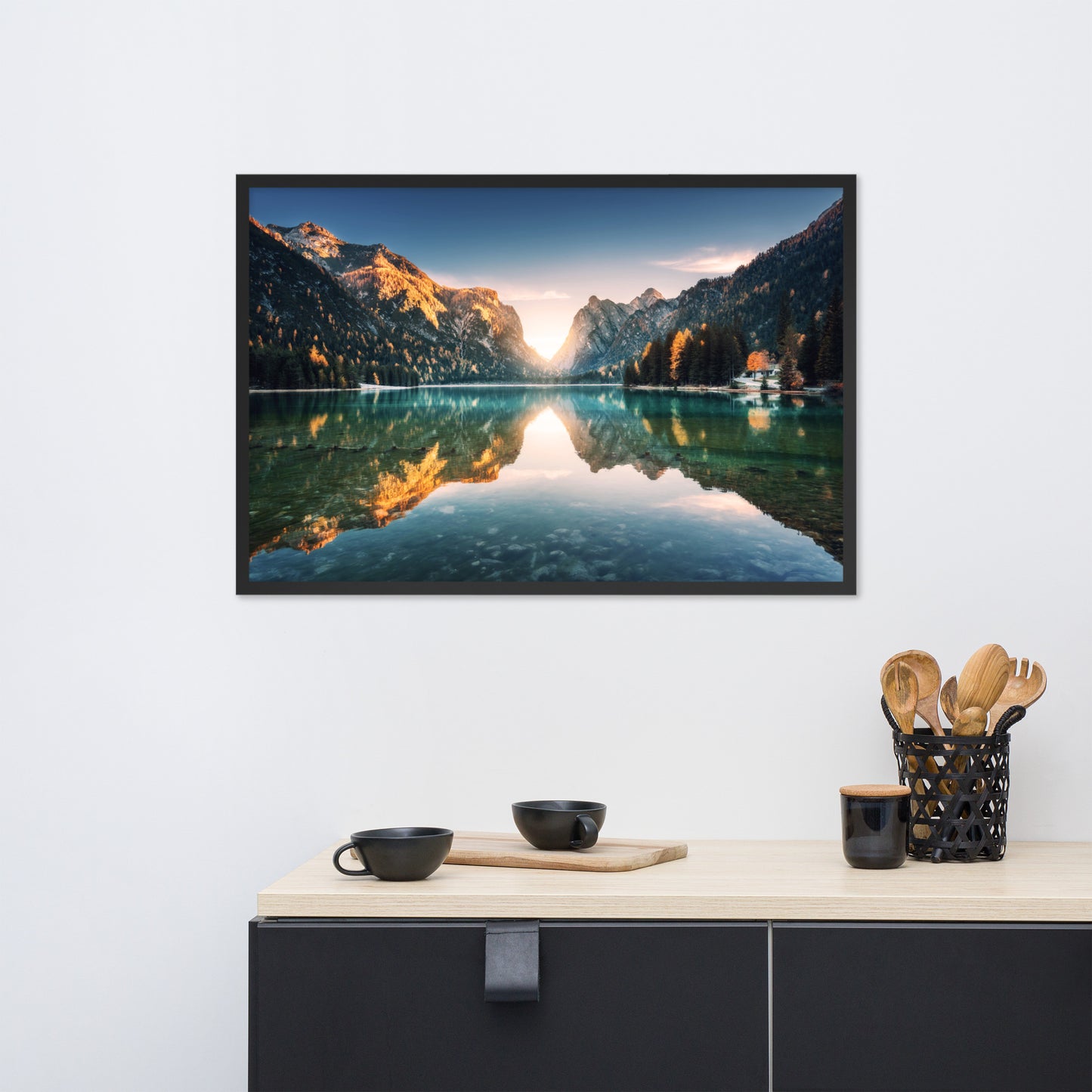 Sunrise Misty Mountain Lake Lively Color Effect Framed Wall Art Print