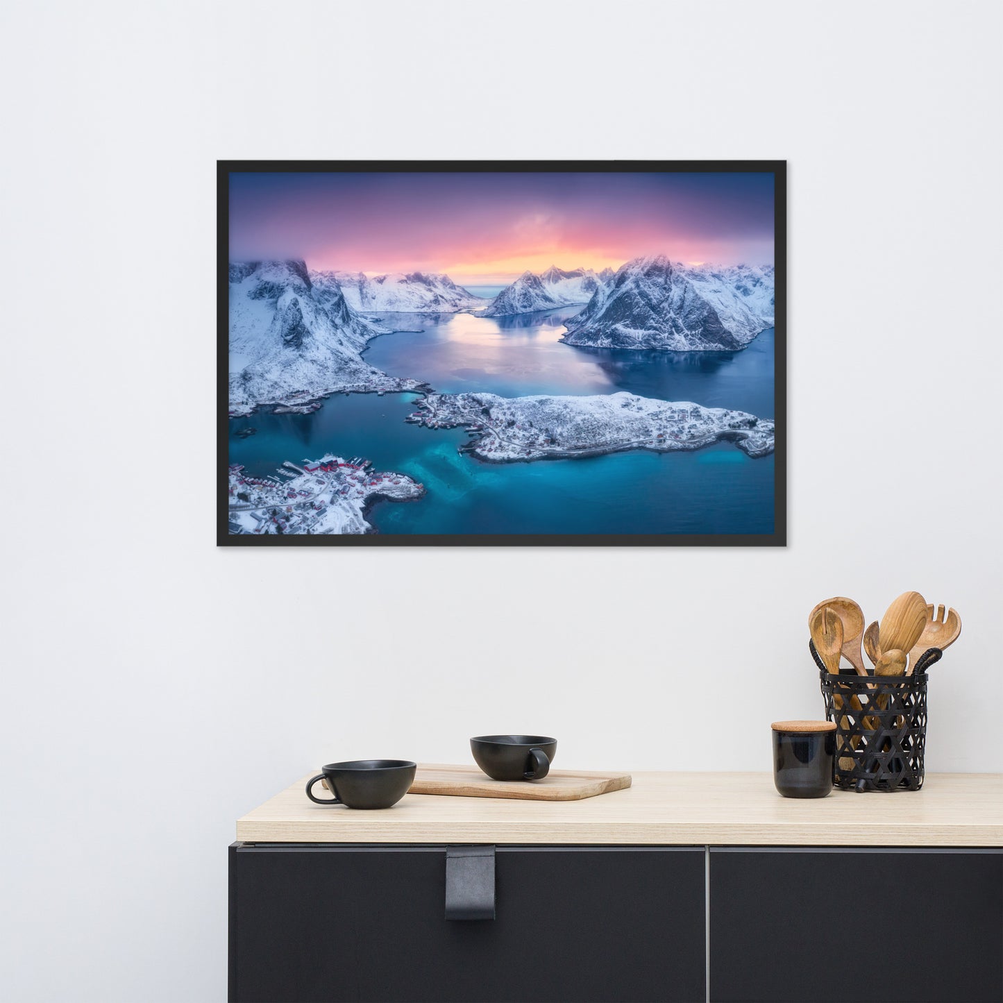 Reine at Winter Sunset Icy Mountain Framed Wall Art Print