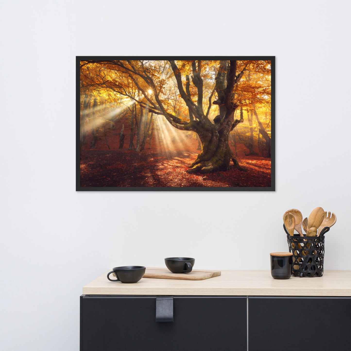 Old Magical Tree in Forest with Glory Rays Framed Wall Art Print