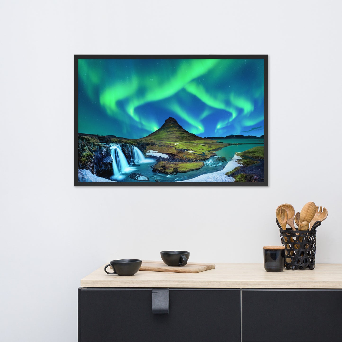 Winter Mountain Northern Lights Framed Wall Art Print