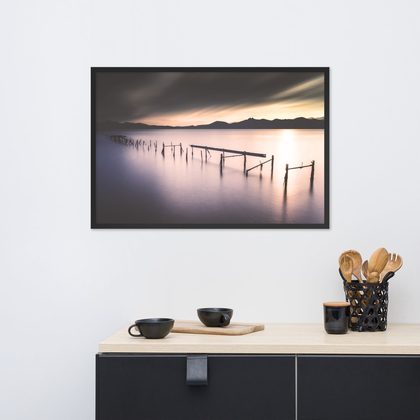 Moody Ruined Pier and Mountain Range Framed Wall Art Prints