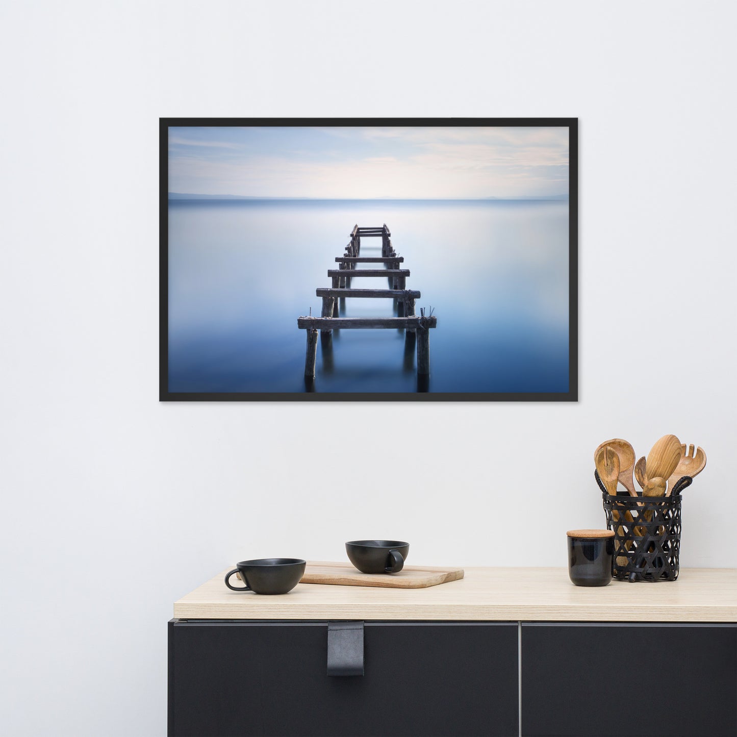Soft Blue Lake and Abandoned Pier Landscape Photo Framed Wall Art Prints