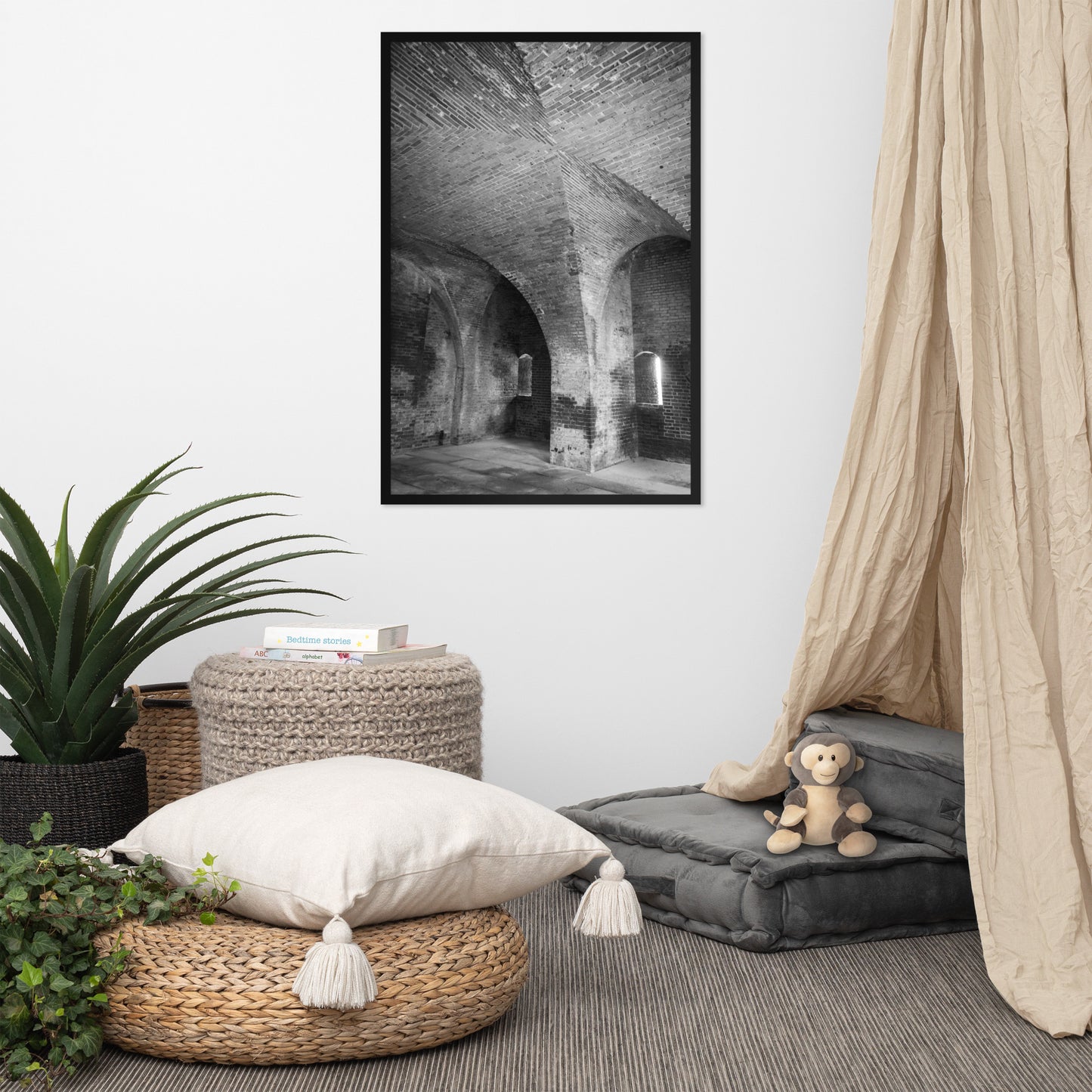 Fort Clinch Bunker Room Black and White Architecture Photograph Framed Wall Art Print