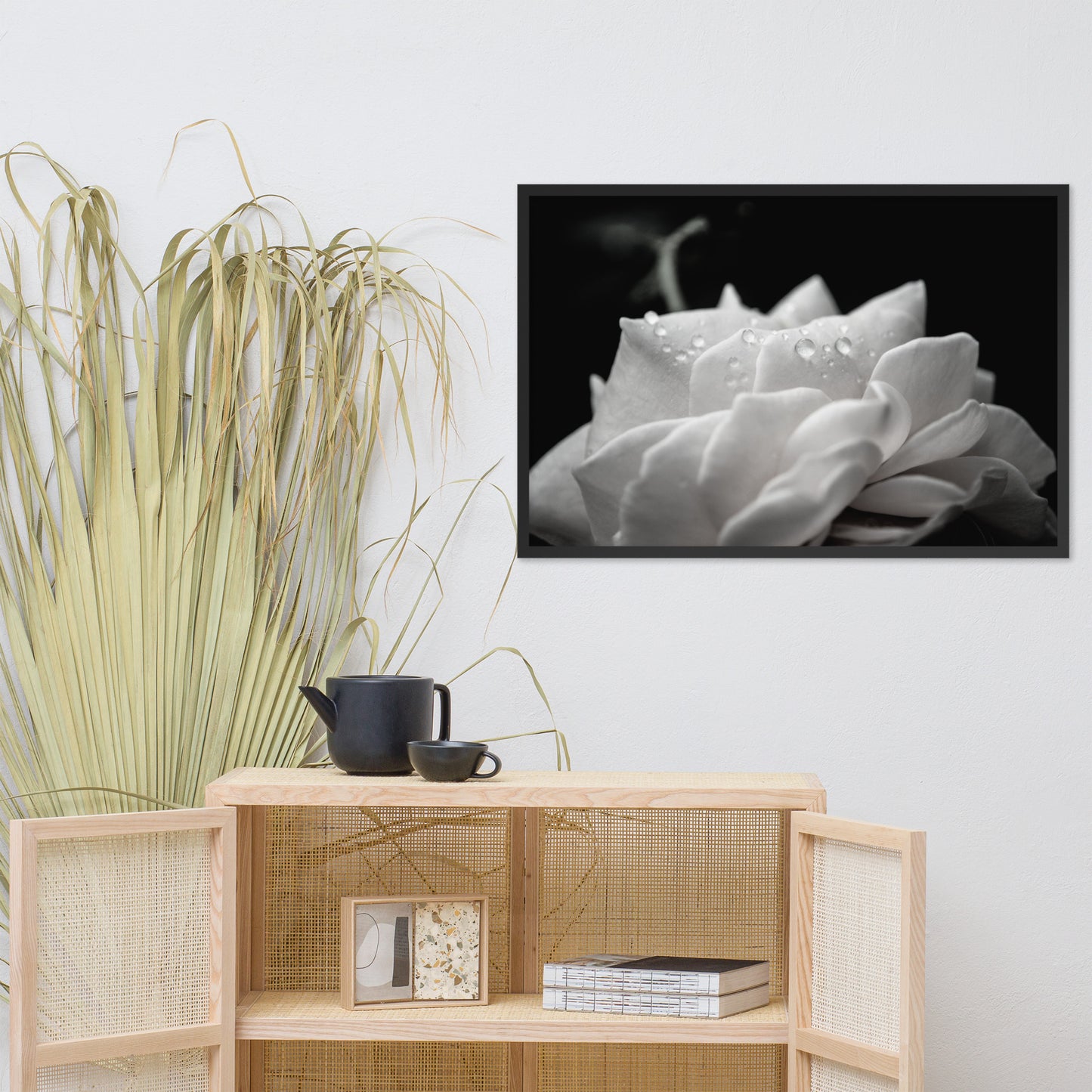 Delicate Rose Black and White Floral Nature Photo Framed Wall Art Print