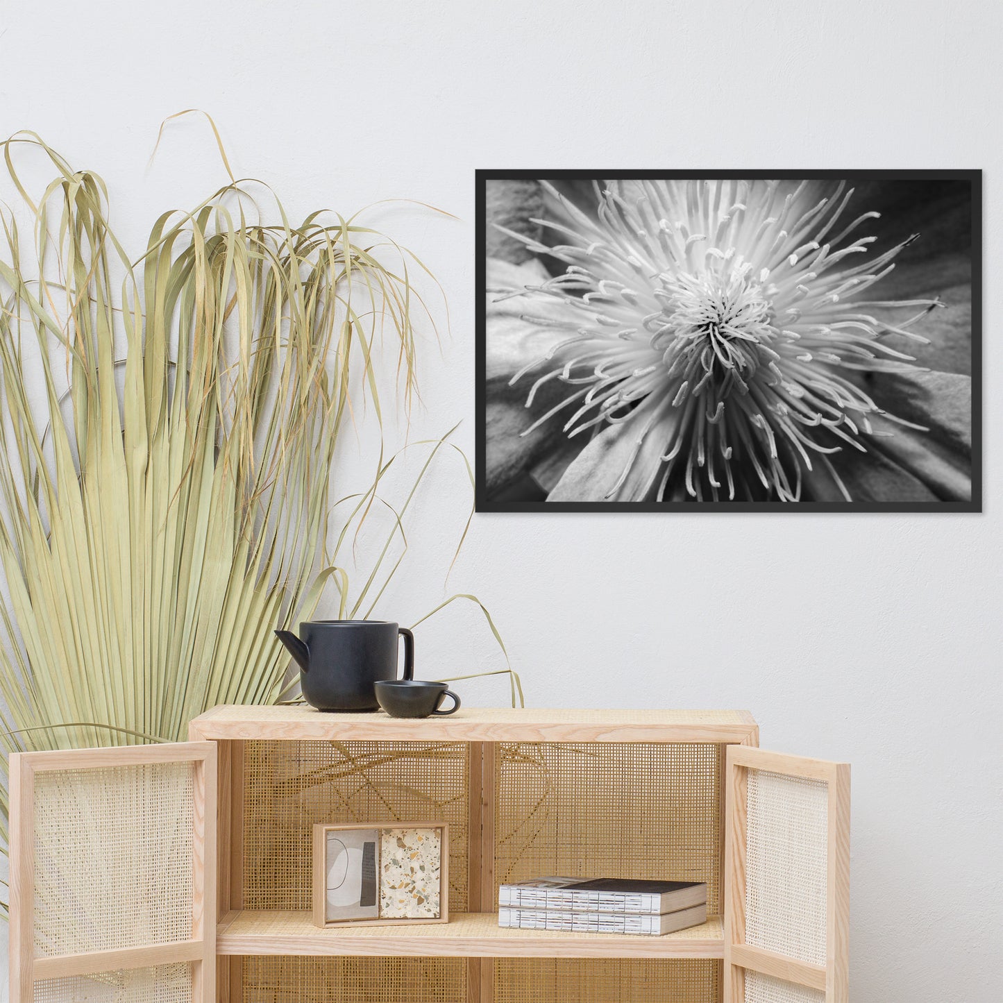 Center of Clematis Black and White Floral Nature Photo Framed Wall Art Print